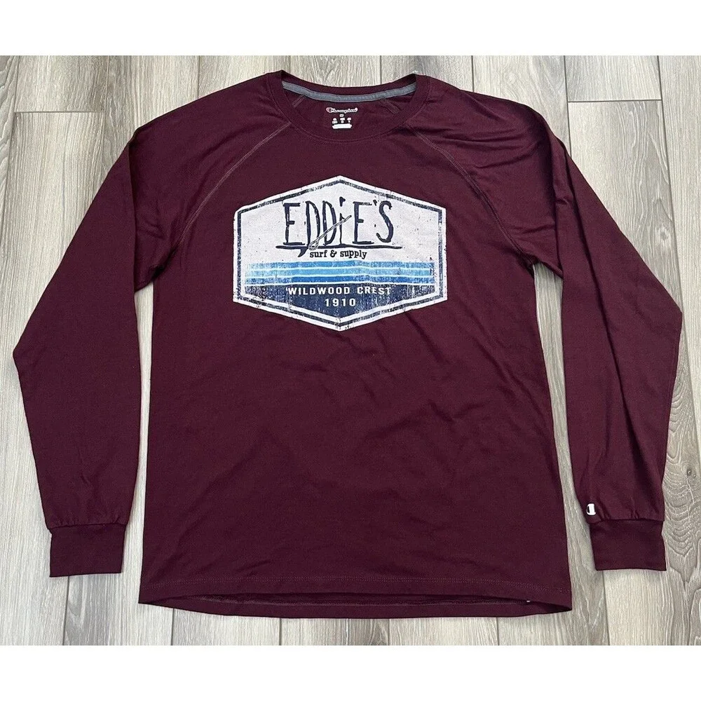 Champion Long Sleeve Eddie’s Surf & Supply Crewneck Shirt Mens Sz Medium - Picture 2 of 9